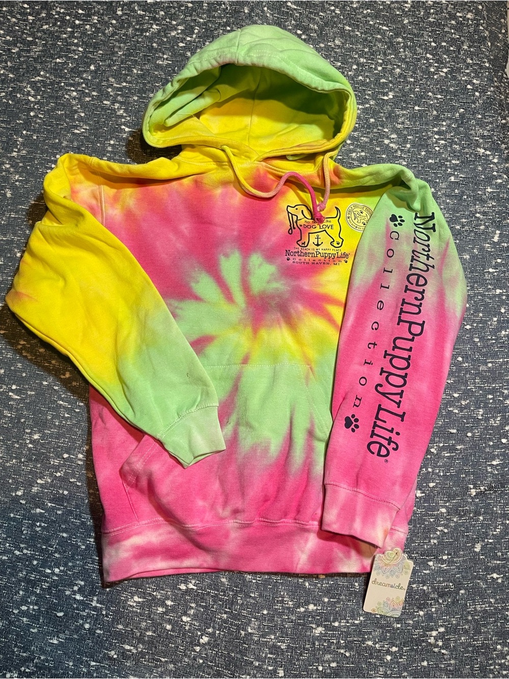 Northern Puppy Life Tie-Dye Hoodie Sweater - Pink, Yellow & Green
